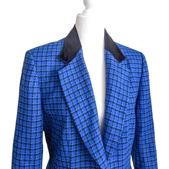 PENDLETON Vintage Blue Black Plaid Velvet Collared Wool Blazer Skirt Set Size 6 - Picture 6 of 16